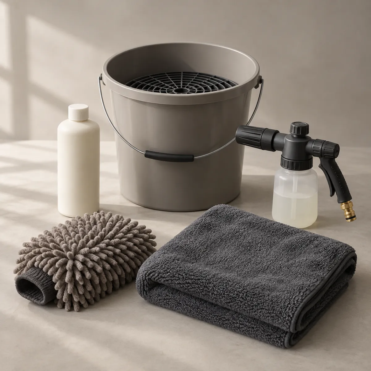 Car wash kit with shampoo, wash mitt, drying towel and grit guard bucket
