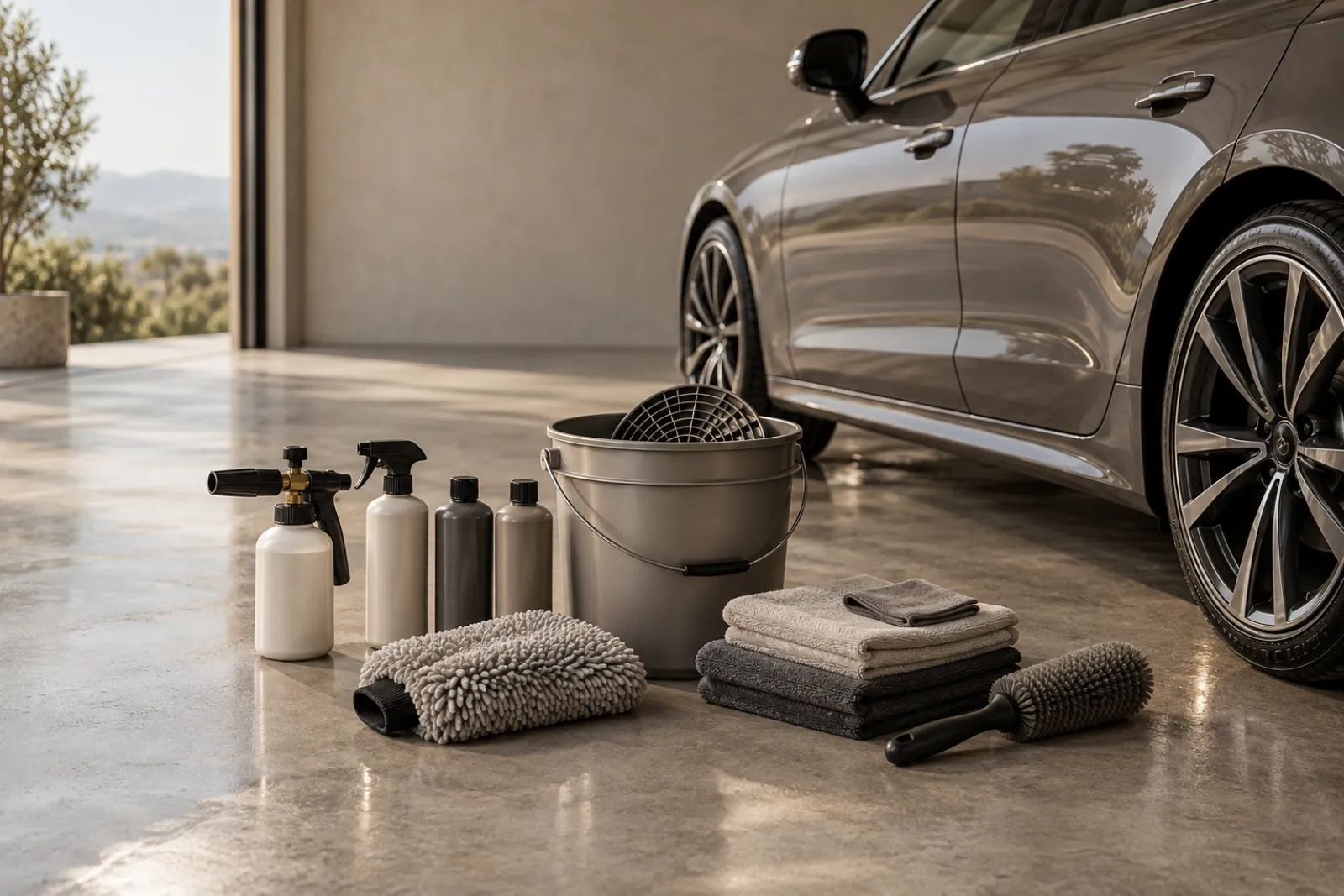 Car cleaning kit with bucket, foam gun, microfiber towels and bottles next to a freshly washed car